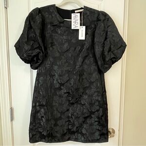 Ellison Floral Print Jaquard Puff Sleeve Party Dress Black w/ Pockets M NWT